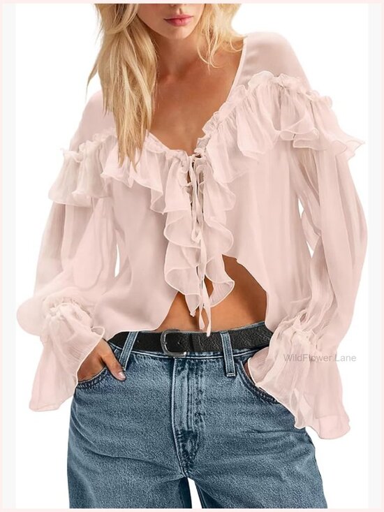 Tops - Lace Tie Front Blouse Flowy Long Sleeve V Neck Boho Shirt